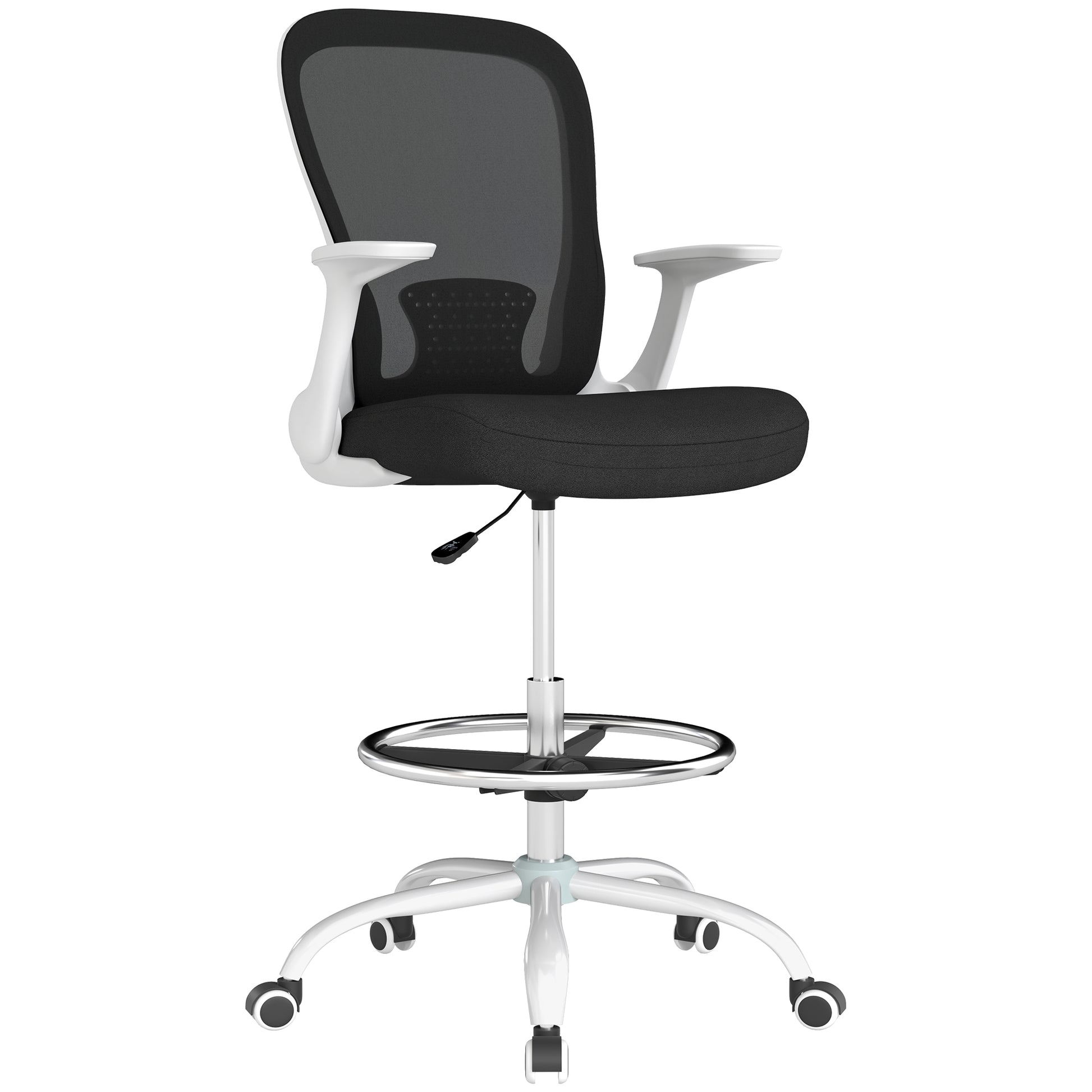 Photo of HOMCOM Draughtsman Chair, Mesh Drafting Chair, Ergonomic Office Chair with Flip-up Armrest, Adjustable Foot Ring, Black White in White colour on a white background