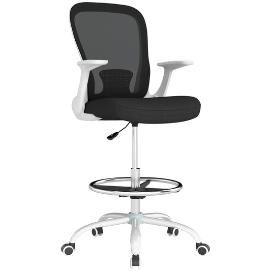 Photo of HOMCOM Draughtsman Chair, Mesh Drafting Chair, Ergonomic Office Chair with Flip-up Armrest, Adjustable Foot Ring, Black White in White colour on a white background