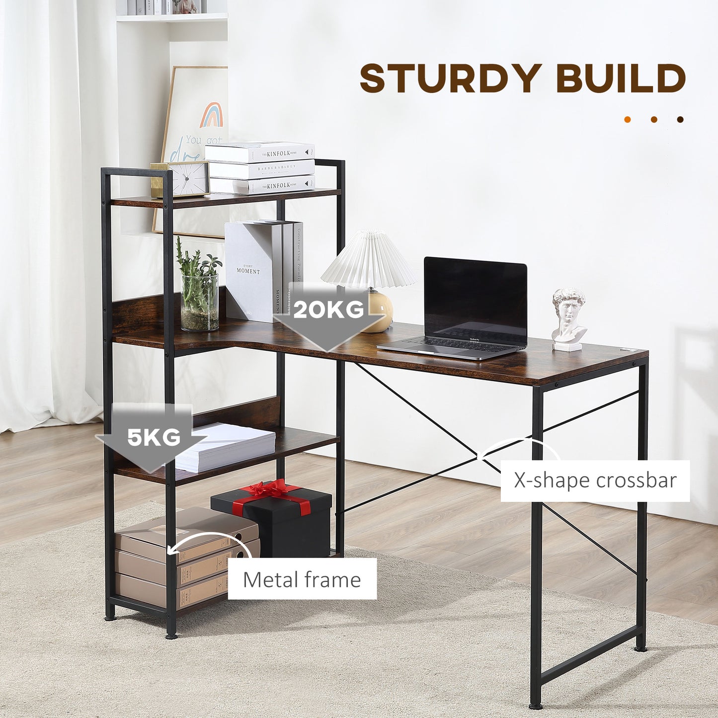 HOMCOM Office Desk with Storage Shelves, 120 CM Computer Desk, Industrial Study Table with Metal Frame for Home Office Small Space, Rustic Brown