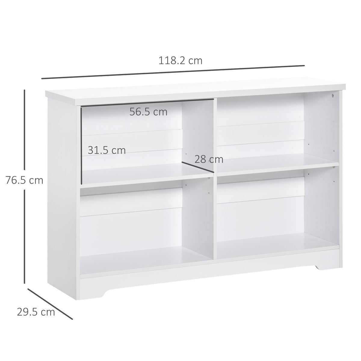 White four-compartment bookcase with measurements for height, width, depth, and shelf openings