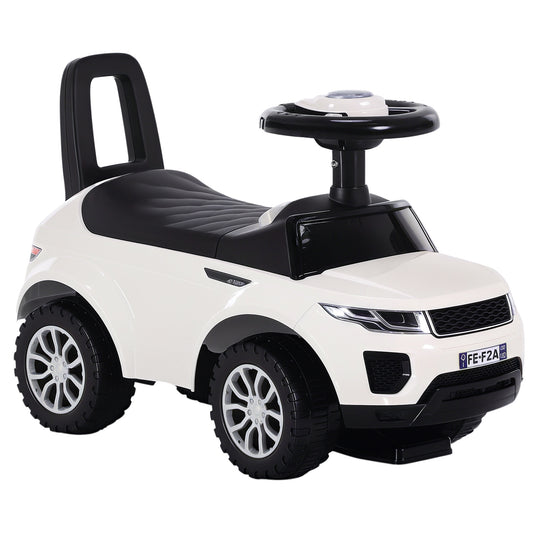 White toddler ride-on car with black seat, steering wheel, backrest, and chunky wheels