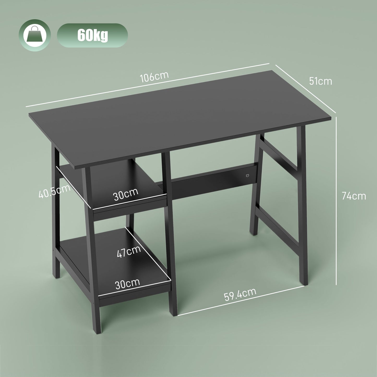 HOMCOM Compact Computer Desk with Storage Shelves, Study Table with Bookshelf, PC Table Workstation for Home Office, Study, Easy Assembly, 106 x 51cm, Black