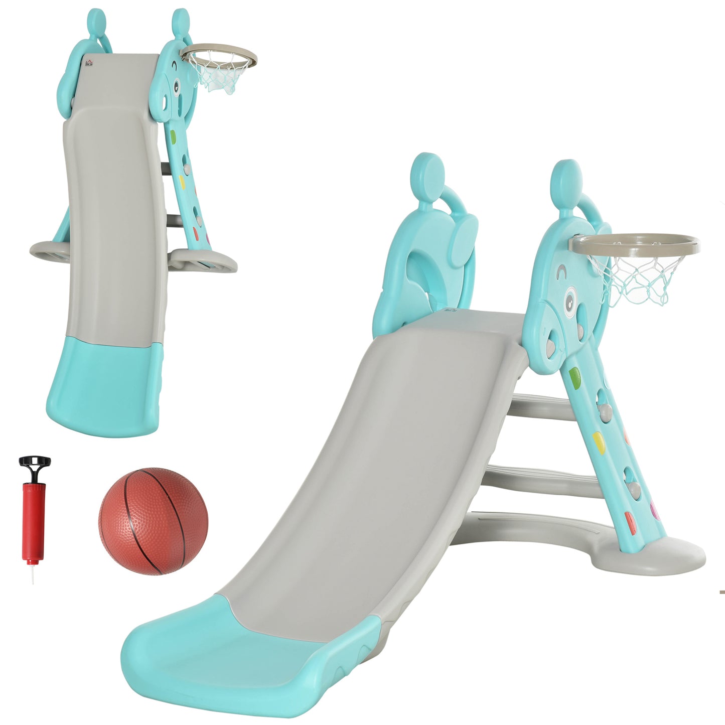 Photo of HOMCOM Kids Slide 2 in 1 Toddler Freestanding slide with Basketball Hoop Indoor/Outdoor Use Deer Shaped for 18 months -4 Years Old Blue in Blue colour on a white background