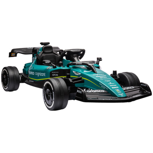 Photo of AIYAPLAY Aston Martin Licensed 12V Kids Ride on Racing Kart w/ Bluetooth, 4 Suspension Wheels, Music Lights Horn, Green in Green colour on a white background