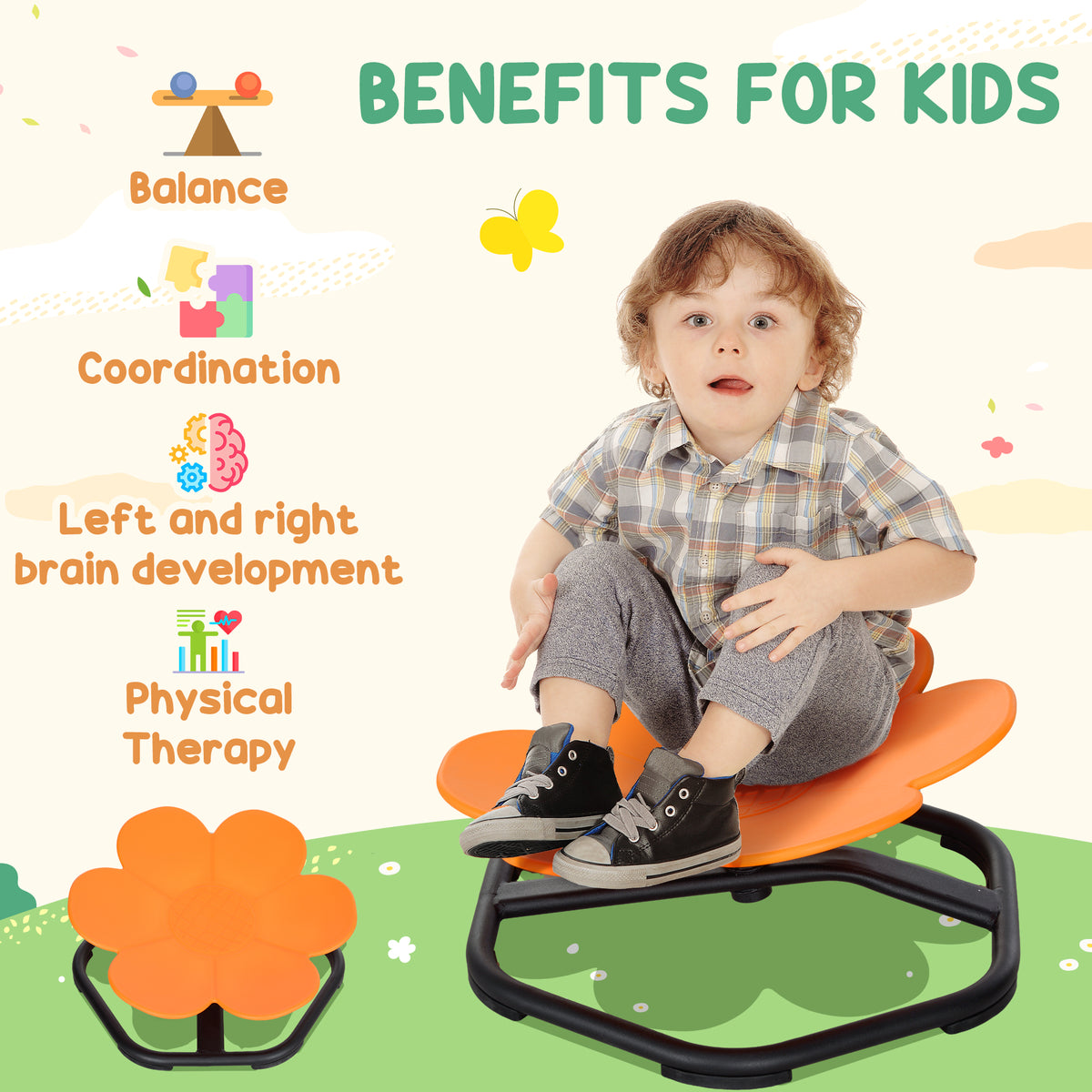 Child sitting on the orange flower-shaped sensory spinning chair