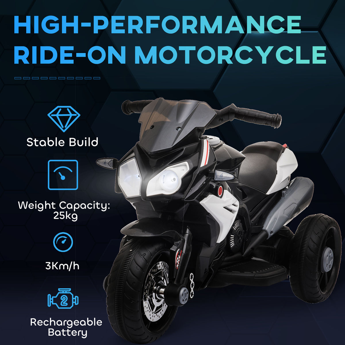HOMCOM Kids Electric Motorcycle, 6V Ride on Motorcycle with 3 Wheels, LED Headlight, Music, Horn for Boys Girls 3-5 Y, Black