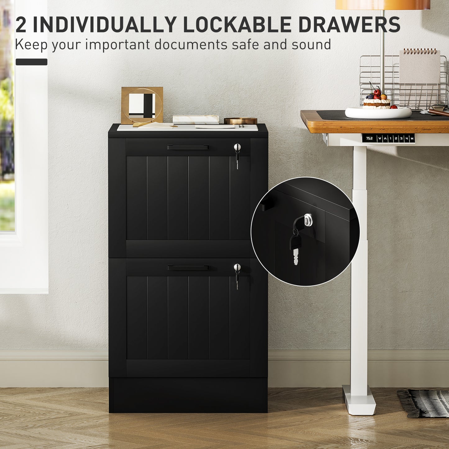 HOMCOM 2 Drawer Filing Cabinet with Lock, Office Storage Cabinet with Adjustable Hanging Bars for A4 Letter Size Files, Black