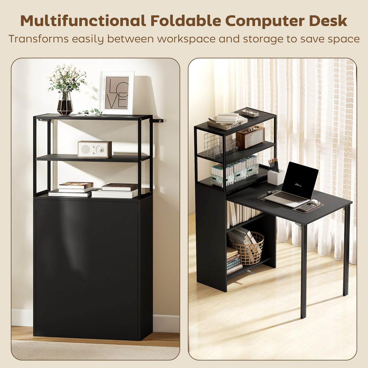 HOMCOM Folding Shelf and Work Table - Black