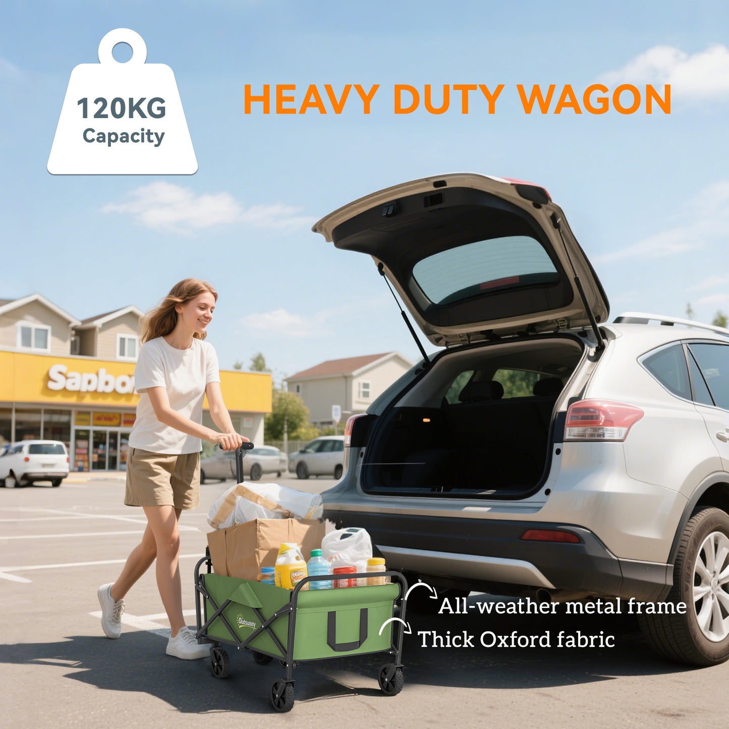 Outsunny 93L Festival Trolley on Wheels, Garden Folding Trolley Cart, 120kg Heavy Duty Collapsible Folding Wagon with Adjustable Handle and Carrying Bag for Beach, Camping, Festival, Green