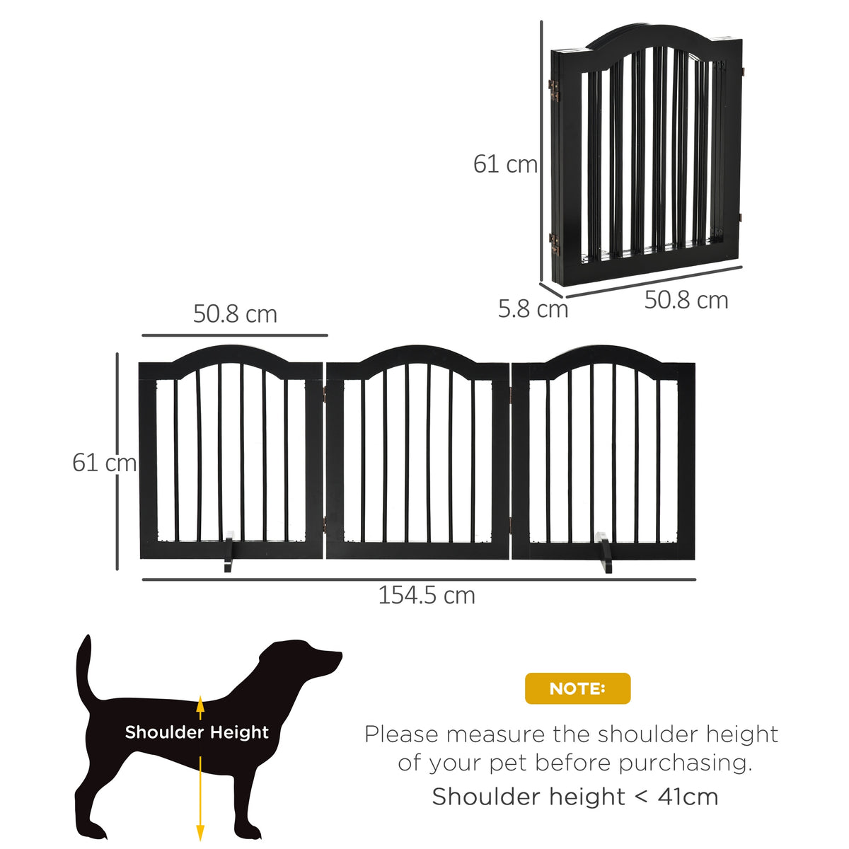 Black folding dog gate with dimensions and 61 cm height