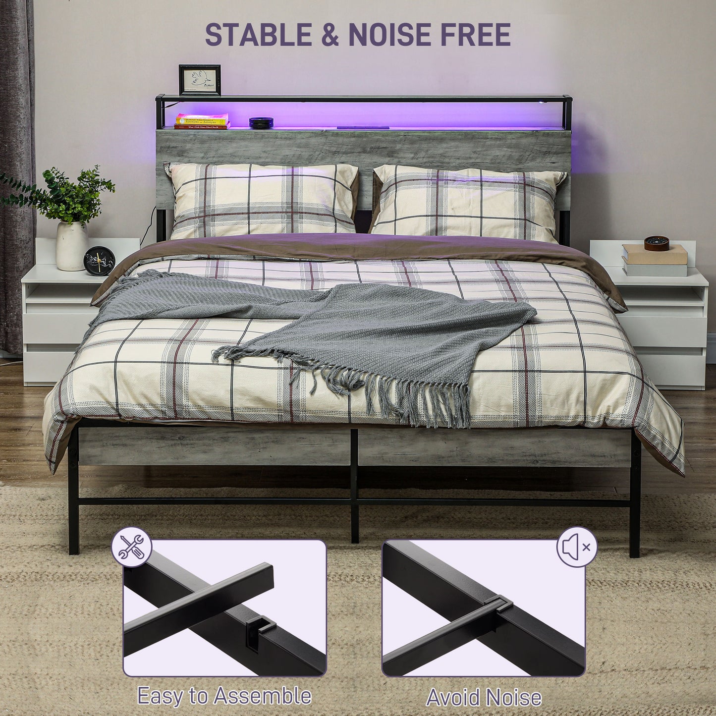 HOMCOM Double Steel Bed Frame, with LED Lights and Shelf - Grey