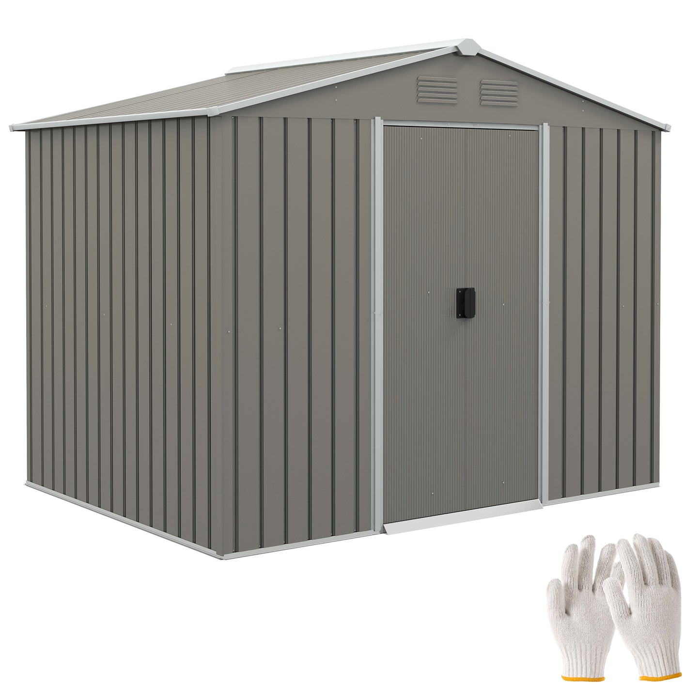 Photo of Outsunny 7.7 x 5.7ft Outdoor Garden Storage Shed, Metal Tool House with Ventilation and Sliding Doors, Light Grey in Grey colour on a white background