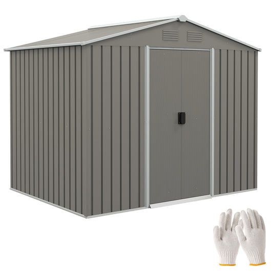 Photo of Outsunny 7.7 x 5.7ft Outdoor Garden Storage Shed, Metal Tool House with Ventilation and Sliding Doors, Light Grey in Grey colour on a white background
