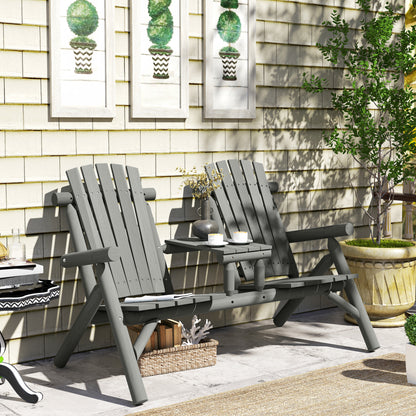 Grey wooden two-seat bench with centre table, shown in an outdoor setting