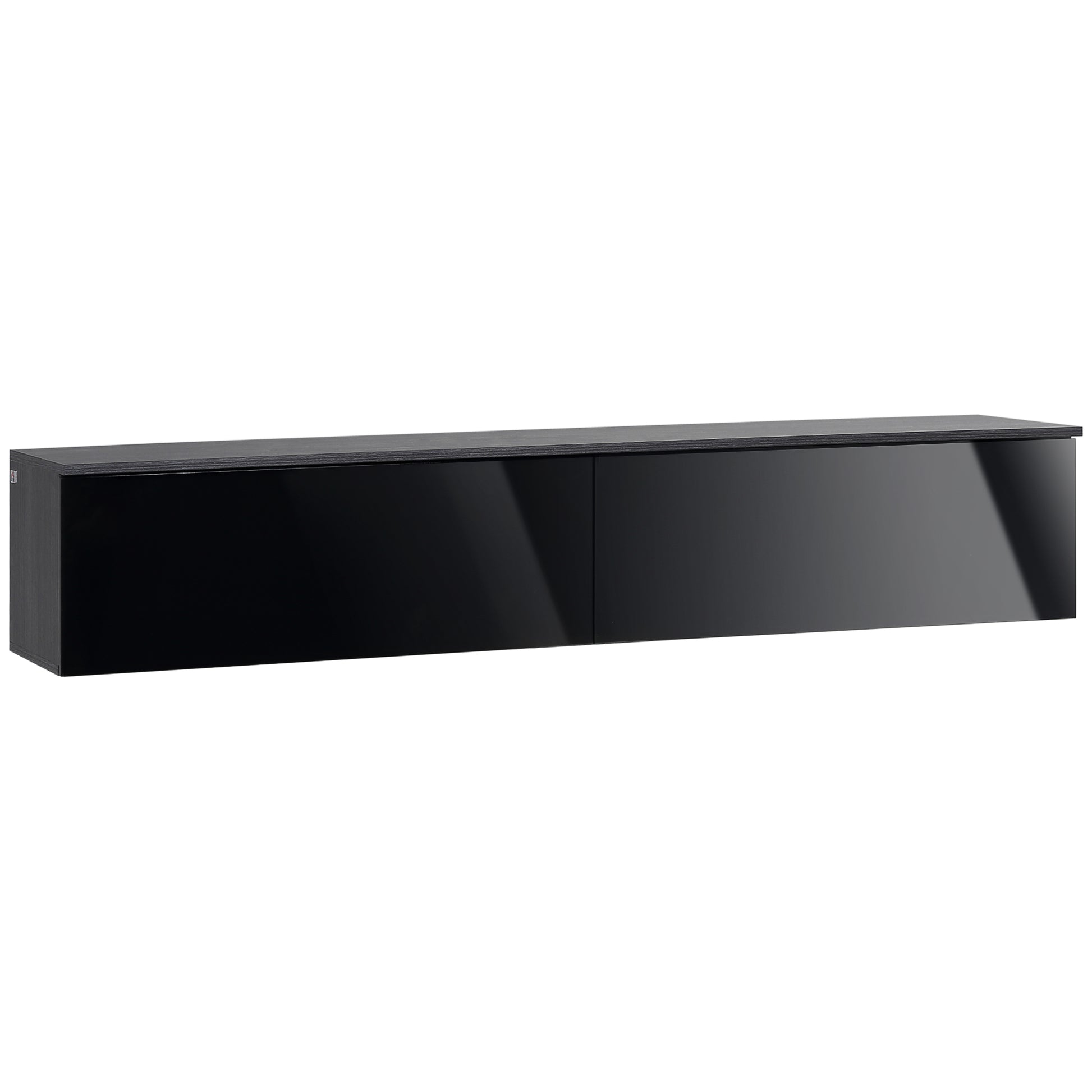Photo of HOMCOM 160cm High Gloss Floating TV Unit Stand for TVs up to 70", Wall Mounted TV Cabinet with Storage Cupboards, Grey and Black in Black colour on a white background