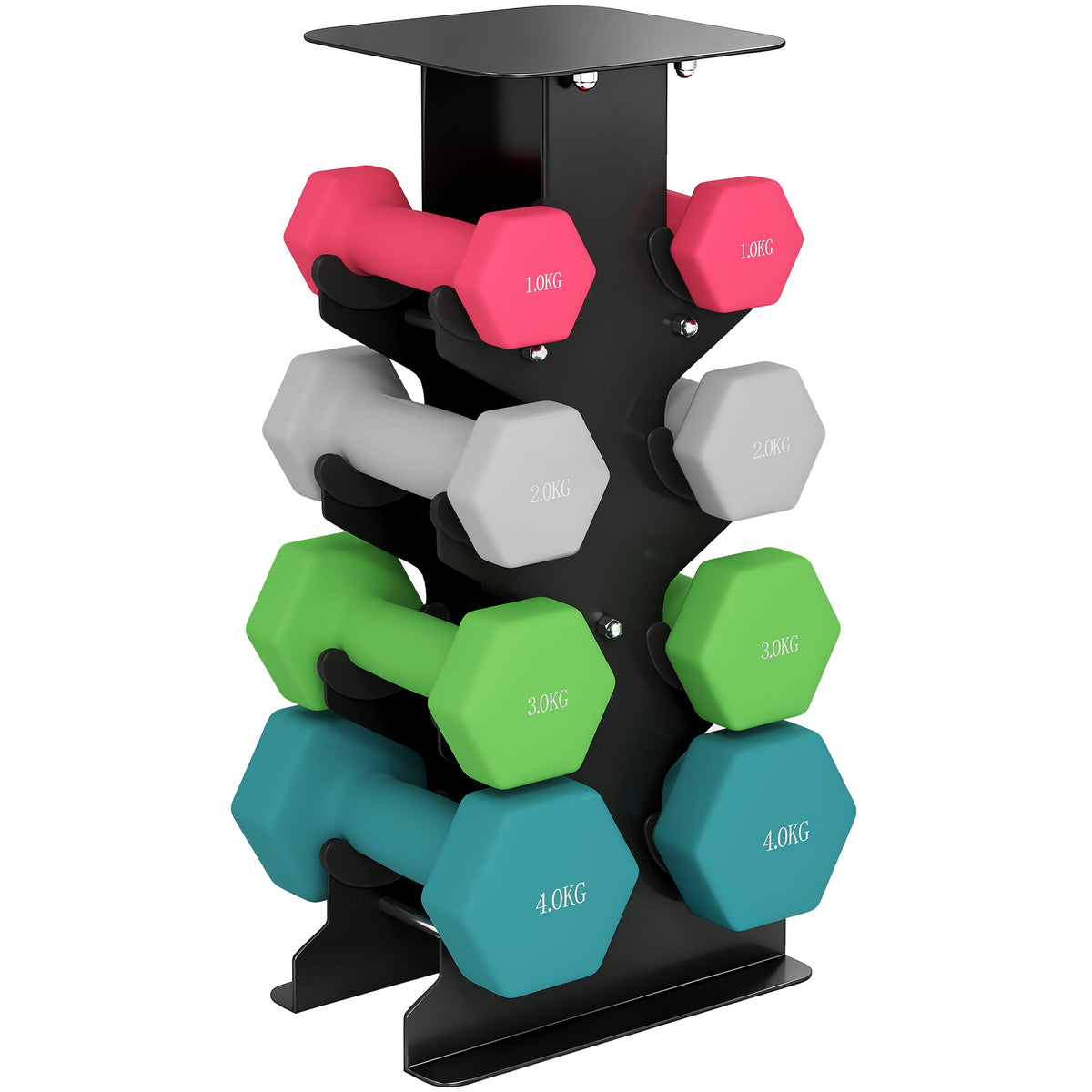 Photo of SPORTNOW Hex Dumbbells Set with Dumbbell Rack, Hand Weights for Home Gym Strength Training, 2 x 1kg, 2 x 2kg, 2 x 3kg, 2 x 4kg in 4kg colour on a white background