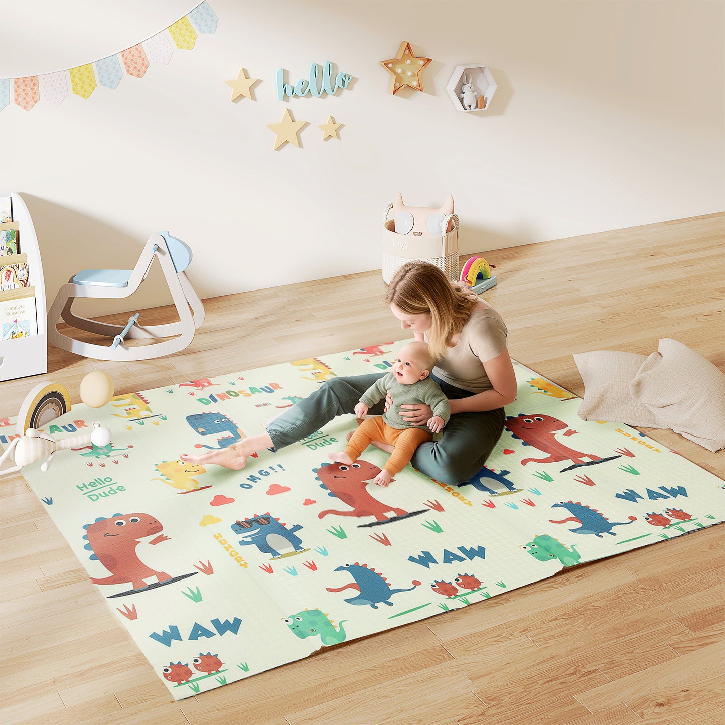 AIYAPLAY Baby Play Mat, Double Sideded Foldable Kids Crawling Mat, Reversible & Waterproof, Dinosaur