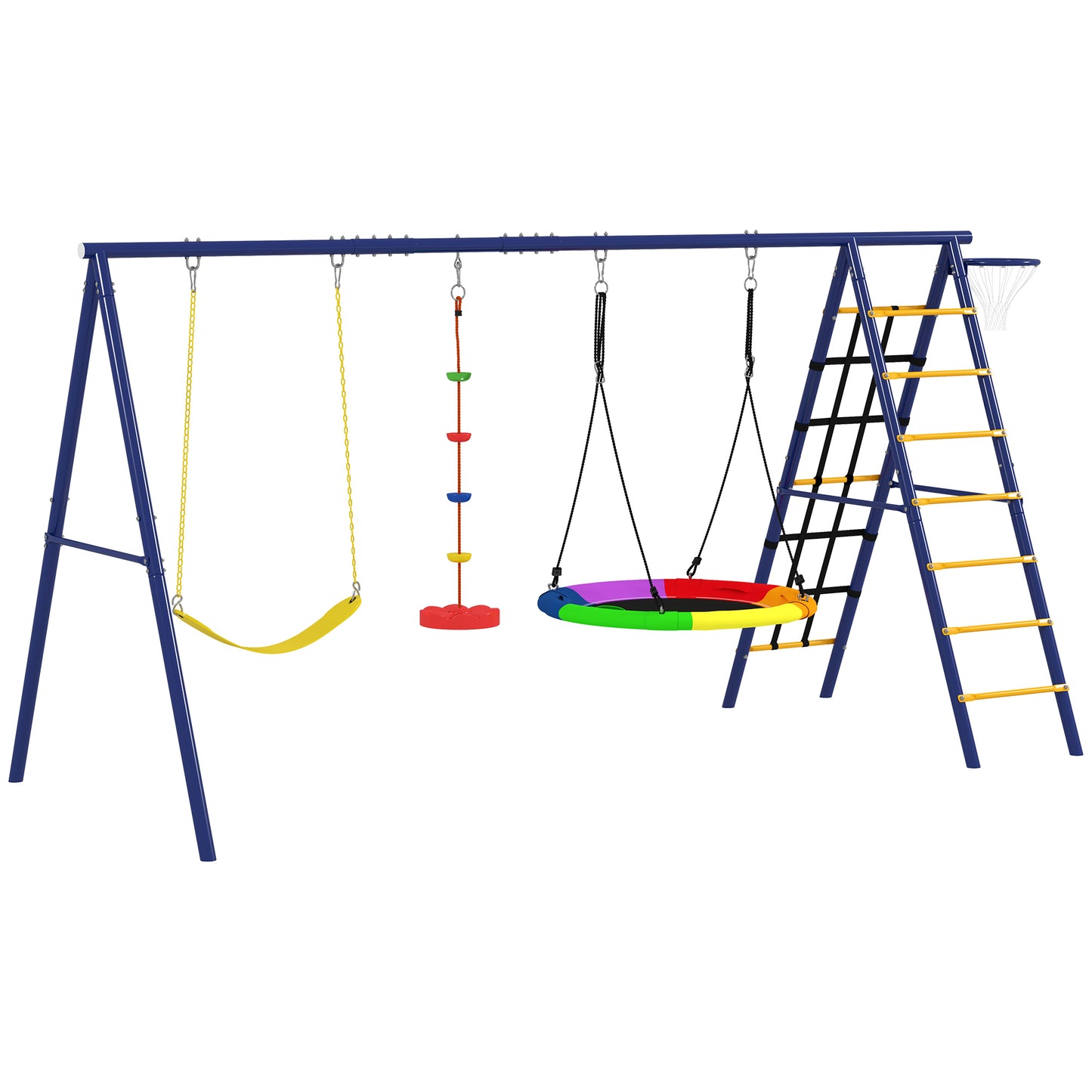 Photo of AIYAPLAY 6 in 1 Metal Kids Swing Set with 3 Swings, Climbing Ladder & Net, Basketball Hoop, for Ages 3-8 in 3-8 colour on a white background