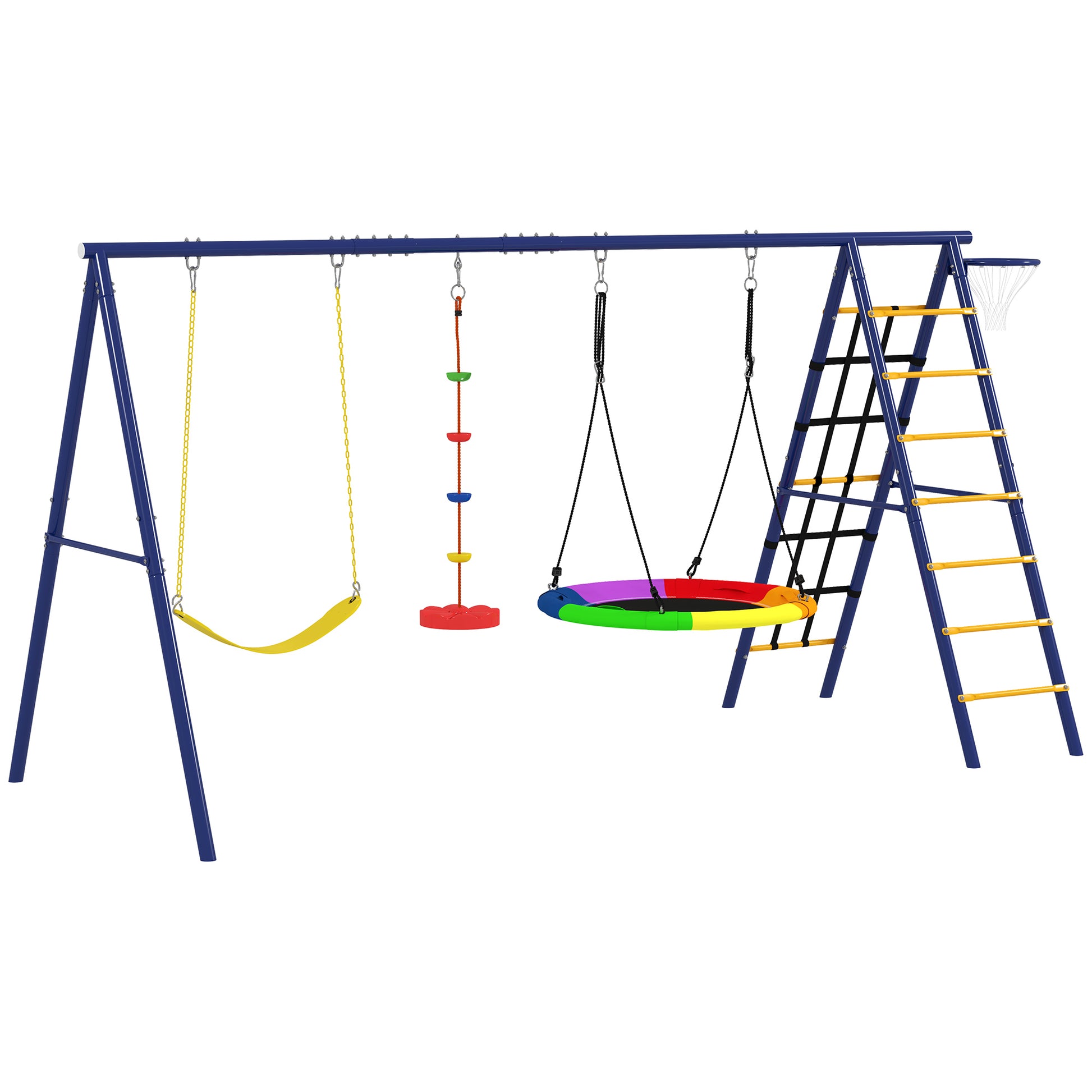 Photo of AIYAPLAY 6 in 1 Metal Kids Swing Set with 3 Swings, Climbing Ladder & Net, Basketball Hoop, for Ages 3-8 in 3-8 colour on a white background