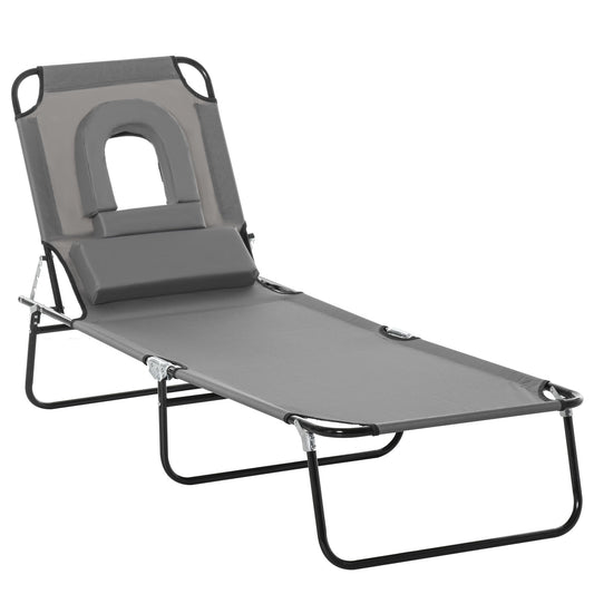 Photo of Outsunny Folding Sun Lounger Reclining Chair w/ Pillow Reading Hole Garden Beach in Beach colour on a white background