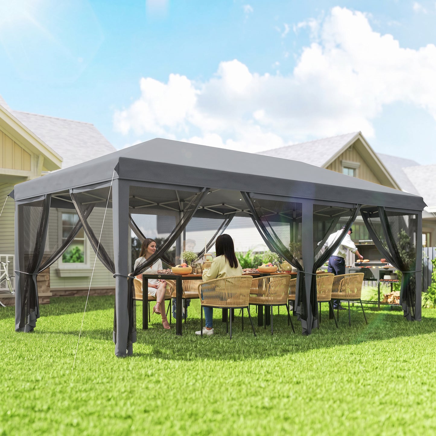 Outsunny 3 x 6m Pop Up Gazebo, Outdoor Canopy Shelter, Marquee Party Wedding Tent with 6 Mesh Walls and Carry Bag, Grey