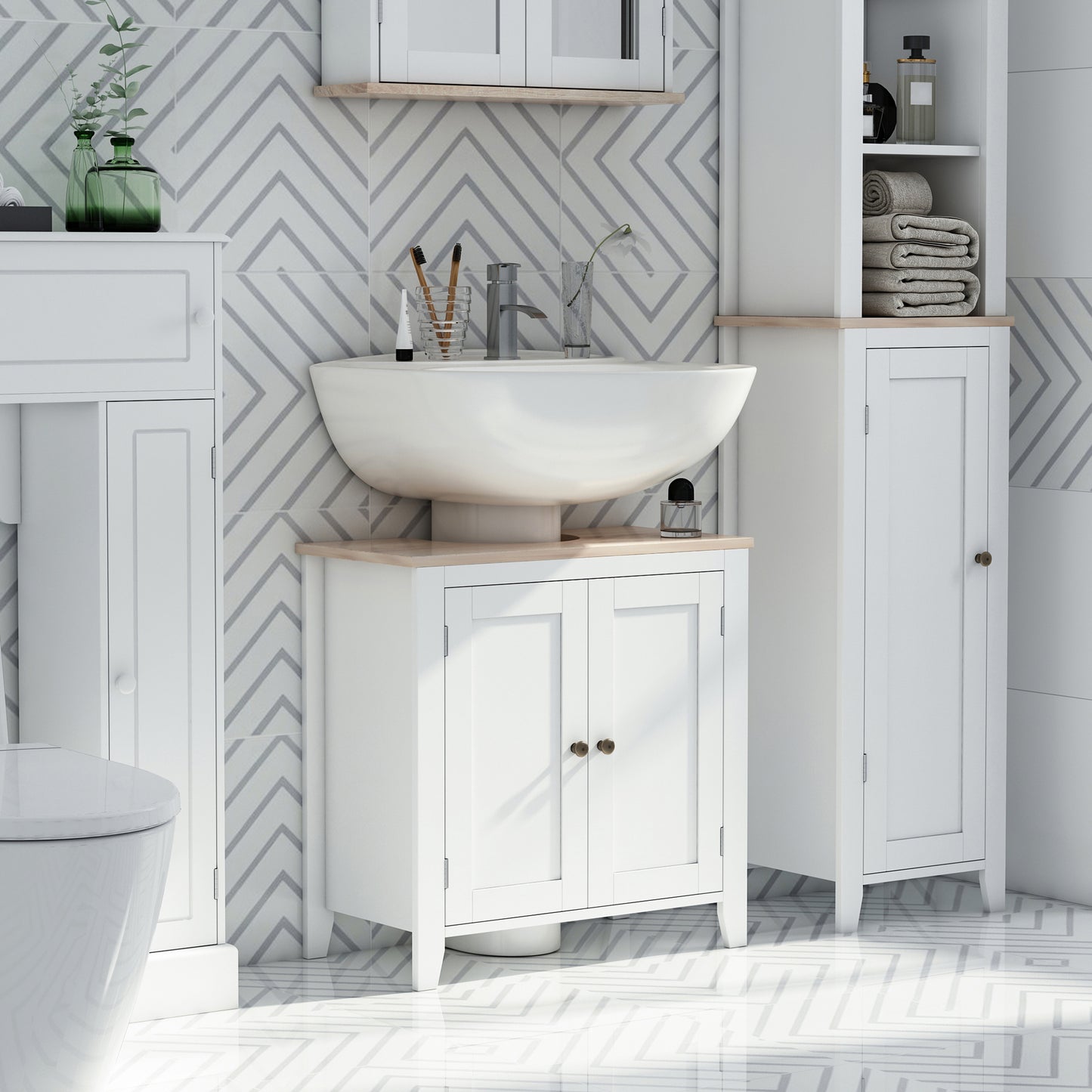 kleankin Under Sink Cabinet, Bathroom Sink Cabinet with 2 Doors, Pedestal Under Sink Design, Freestanding Bathroom Cupboard with Adjustable Shelf, White