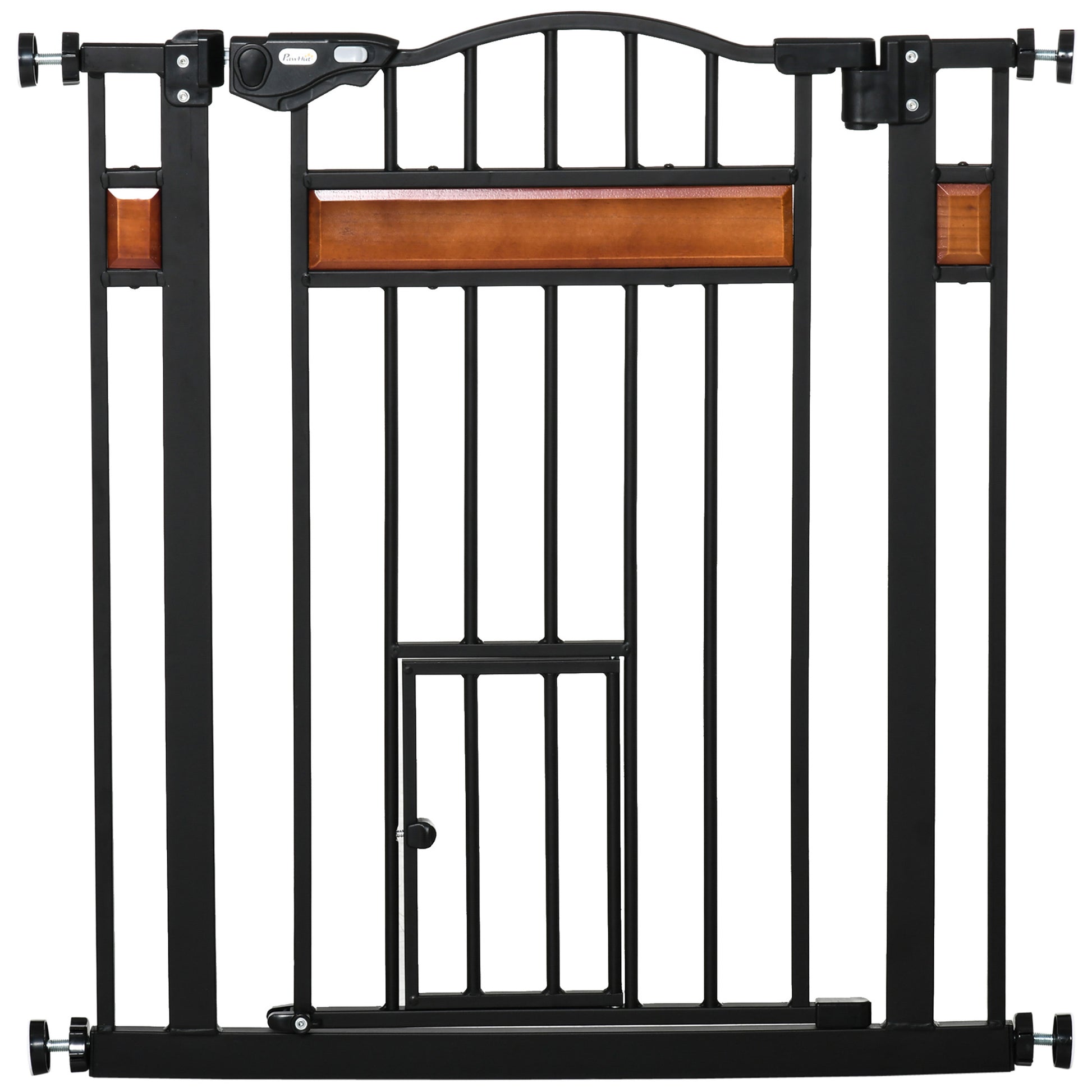 Photo of PawHut Pet Gate Safety Gate, with Cat Flap, Auto Close, for Staircases, Doorways, Hallways, 74-80cm Wide - Black in Black colour on a white background