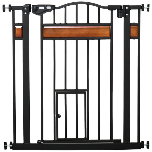 Photo of PawHut Pet Gate Safety Gate, with Cat Flap, Auto Close, for Staircases, Doorways, Hallways, 74-80cm Wide - Black in Black colour on a white background