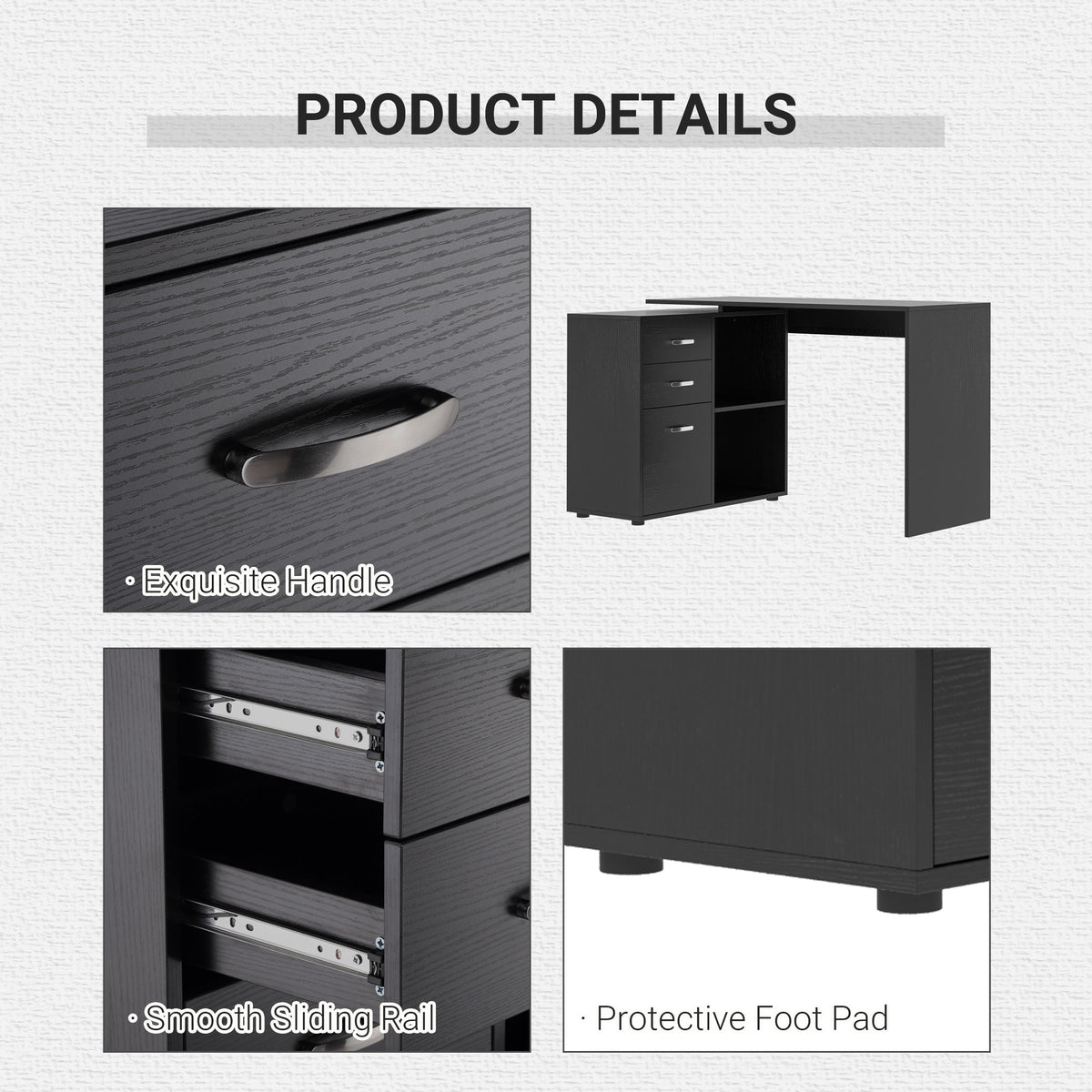 Desk detail collage showing a handle, drawer rails, and protective feet