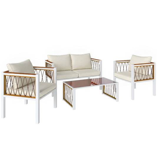 Photo of Outsunny 4 Piece Rattan Garden Furniture Set with Loveseat, 2 Armchairs, Table, Metal Frame Patio Conversation Set, Cream White in White colour on a white background