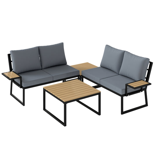 Photo of Outsunny 4 Seater Metal Garden Furniture Set, Corner Garden Sofa Set with 2 Loveseats, 2 Nesting Tables, Arm Side Trays, Teak in Teak colour on a white background
