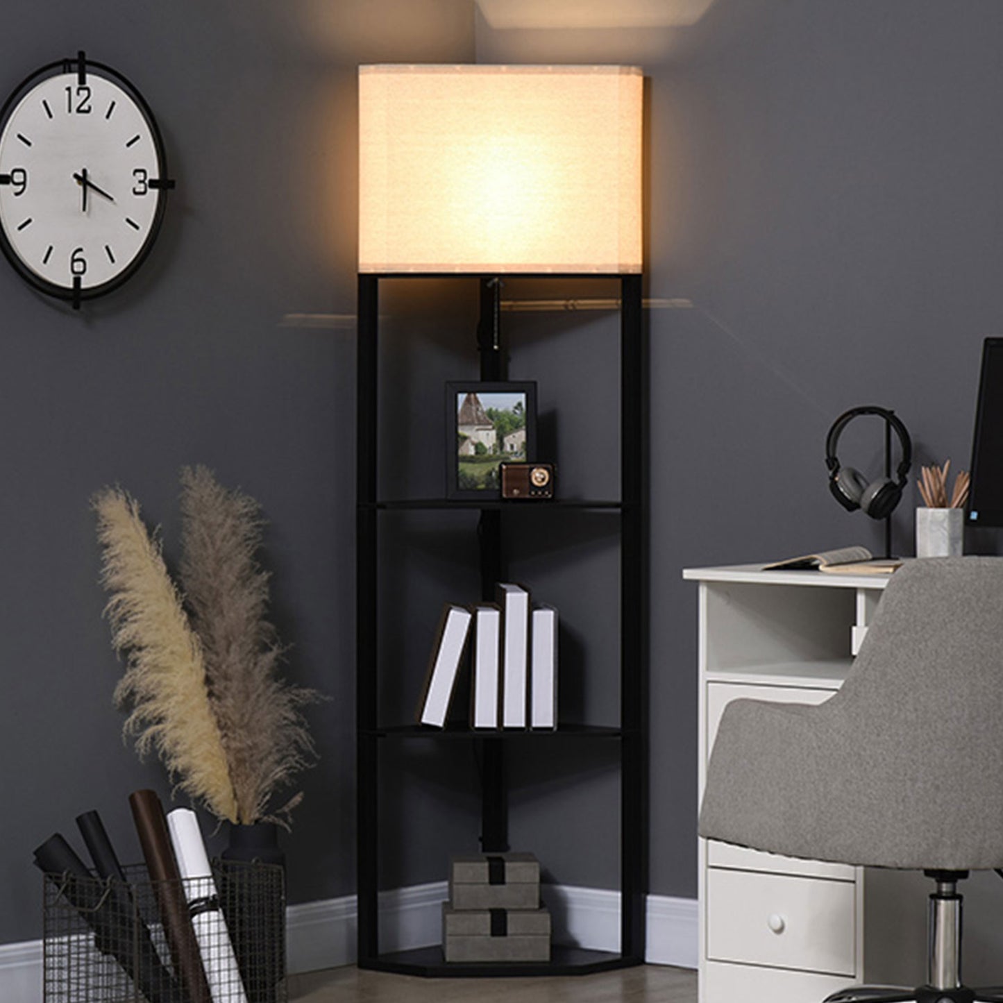 HOMCOM Corner Floor Lamp with Shelves, Tall Standing Lamps for Living Room, with Pull Chain Switch Bulb not Included, Black