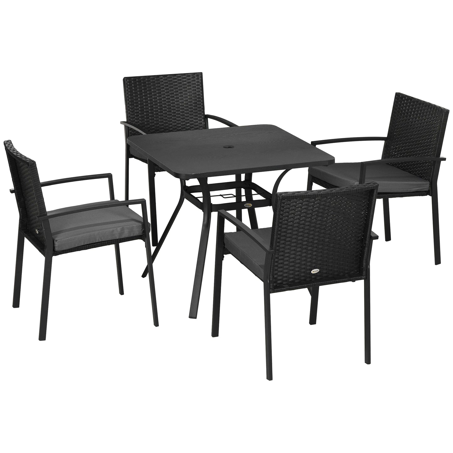 Photo of Outsunny Five-Piece Garden Dining Set, with Rattan Seat Chairs and Cushions - Black in Black colour on a white background