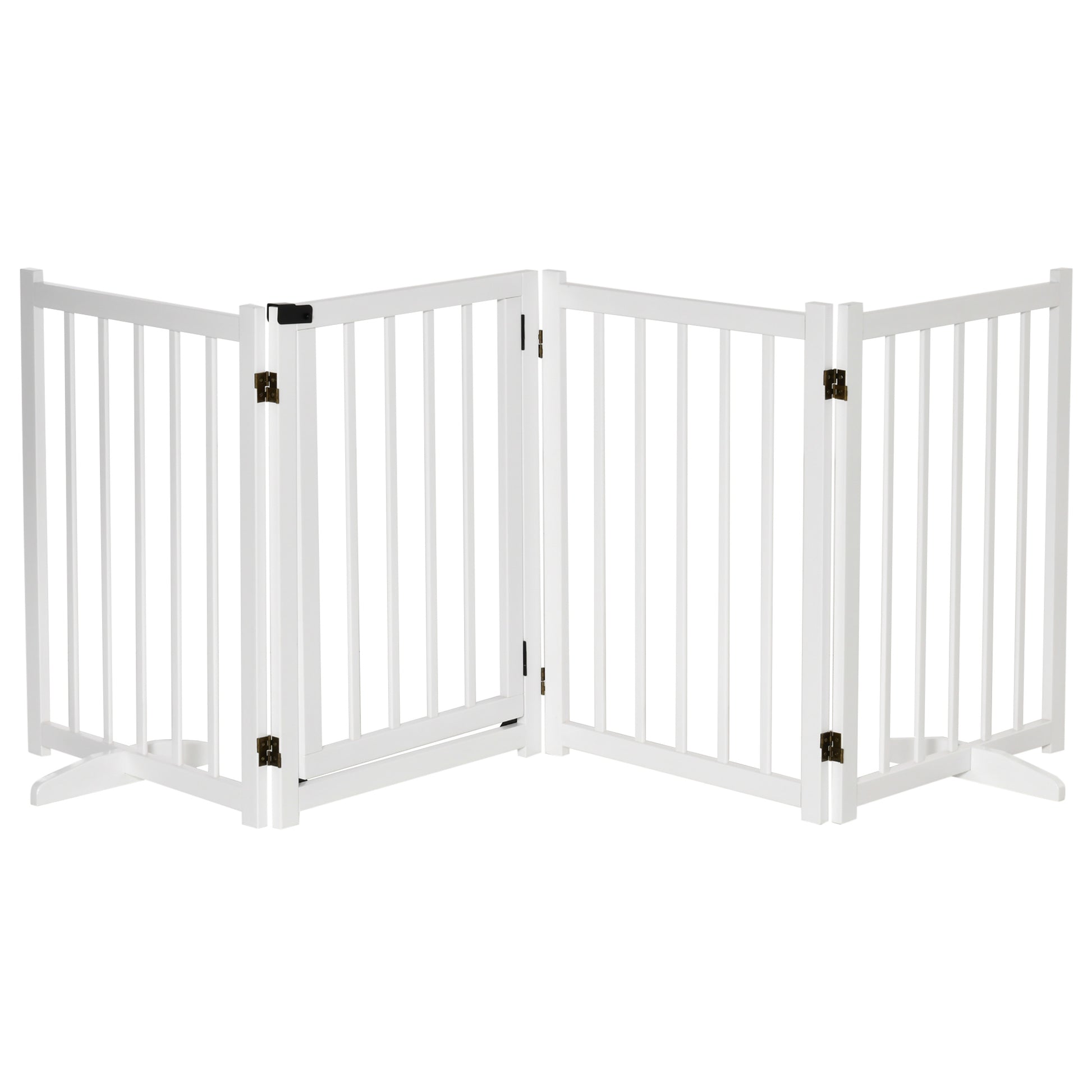 Photo of PawHut Wooden Dog Gate, Dog Fence Indoor, 80 cm Tall Freestanding Pet Gate for Small and Medium Dogs with 4 Panels, 2 Support Feet, White in White colour on a white background