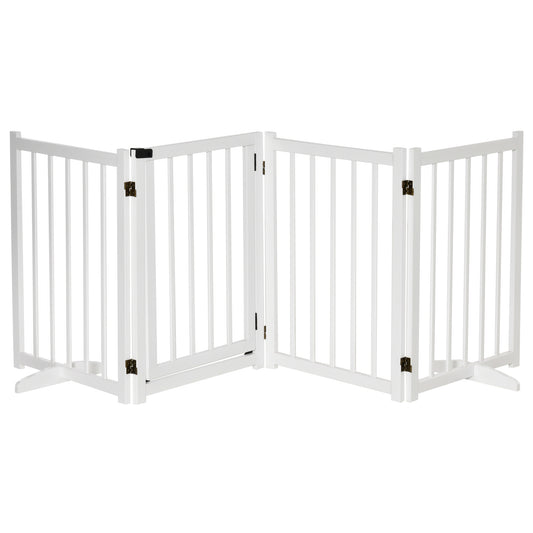 Photo of PawHut Wooden Dog Gate, Dog Fence Indoor, 80 cm Tall Freestanding Pet Gate for Small and Medium Dogs with 4 Panels, 2 Support Feet, White in White colour on a white background