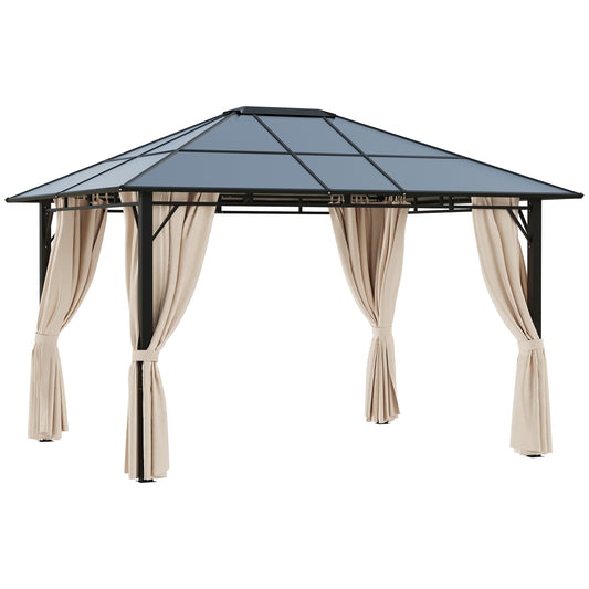 Photo of Outsunny 3 x 3.6m Hardtop Gazebo Canopy with Polycarbonate Roof Garden Pavilion with Removable Curtains and Steel Frame, Brown in Brown colour on a white background
