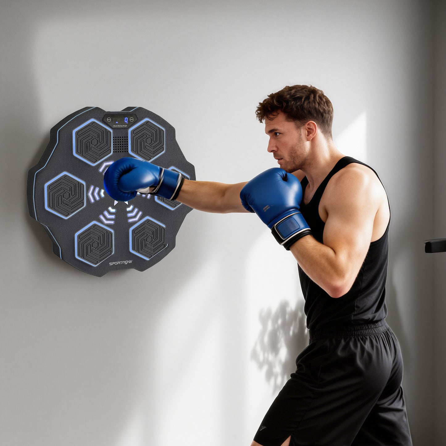 SPORTNOW Music Boxing Machine, Smart Bluetooth Boxing Machine Wall Mounted with 9 Speeds & Modes, LED Lights, Punching Pad for Adults, Black