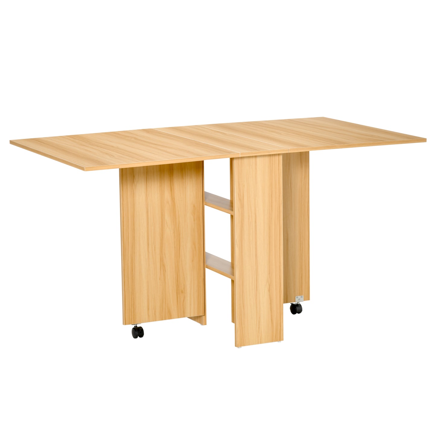 Photo of HOMCOM Folding Dining Table, Drop Leaf Table for Small Spaces, Foldable Rectangular Tabletop with Storage Shelves for Kitchen, Dining Room, Teak in Teak colour on a white background