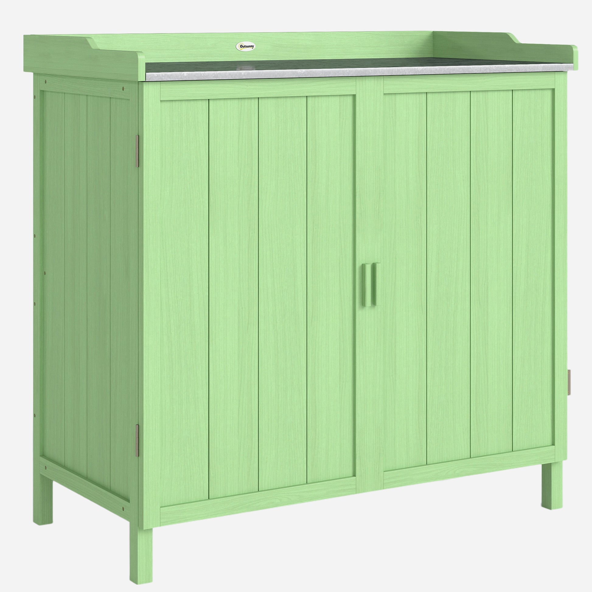 Photo of Outsunny Wood Garden Storage Cabinet, Outdoor Tool Shed, Potting Bench Table with galvanised Top and Two Shelves for garden Tools or Pool Accessories, Green in Green colour on a white background
