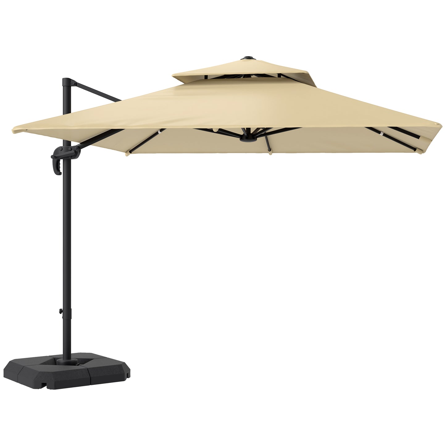 Photo of Outsunny 2.7 x 2.7 m Cantilever Parasol with Aluminium Frame, Crank and Tilt, 360-Degree Rotation, Double Top Garden Umbrella with Base and Cover, Khaki in Khaki colour on a white background