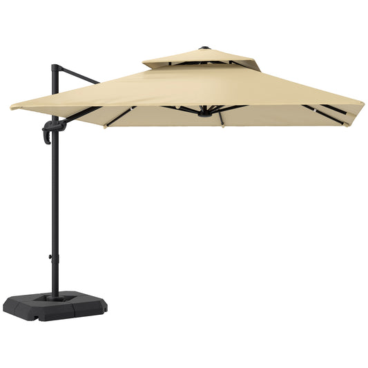 Photo of Outsunny 2.7 x 2.7 m Cantilever Parasol with Aluminium Frame, Crank and Tilt, 360-Degree Rotation, Double Top Garden Umbrella with Base and Cover, Khaki in Khaki colour on a white background