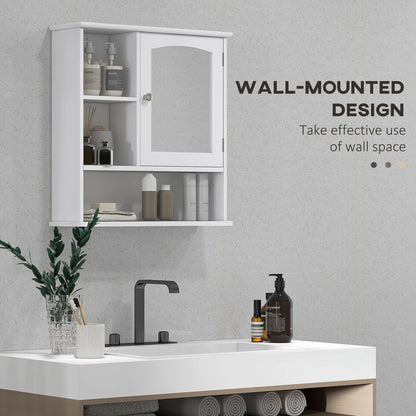Wall-mounted white mirror cabinet above a bathroom sink, with open storage shelves