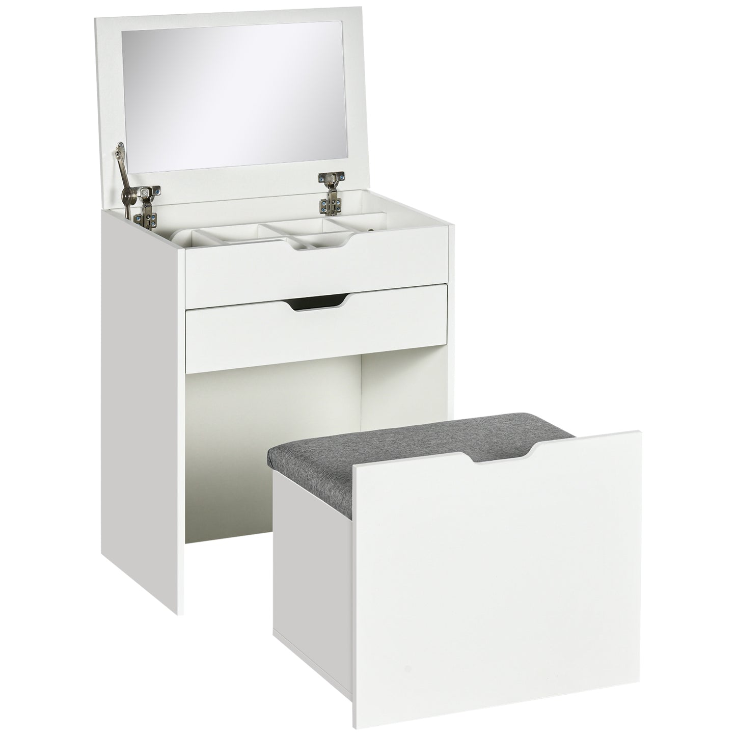 Photo of HOMCOM Dressing Table with Flip-up Mirror and Storage Stool, Vanity Table with Drawer and Hidden Compartments for Bedroom, Living Room, White in White colour on a white background