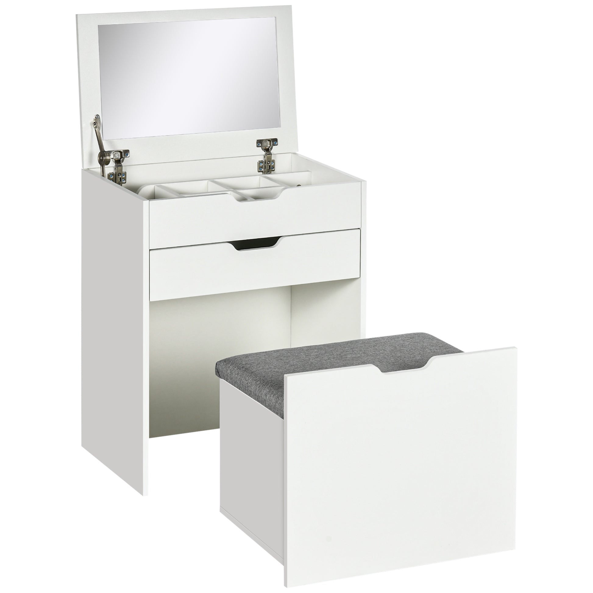 Photo of HOMCOM Dressing Table with Flip-up Mirror and Storage Stool, Vanity Table with Drawer and Hidden Compartments for Bedroom, Living Room, White in White colour on a white background