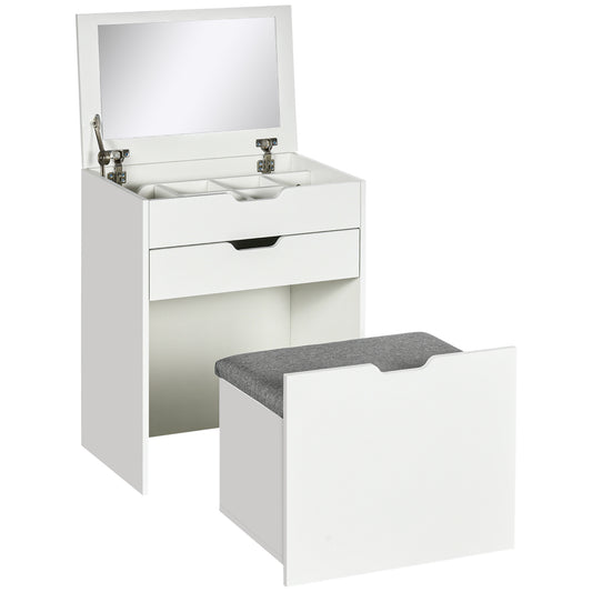 Photo of HOMCOM Dressing Table with Flip-up Mirror and Storage Stool, Vanity Table with Drawer and Hidden Compartments for Bedroom, Living Room, White in White colour on a white background