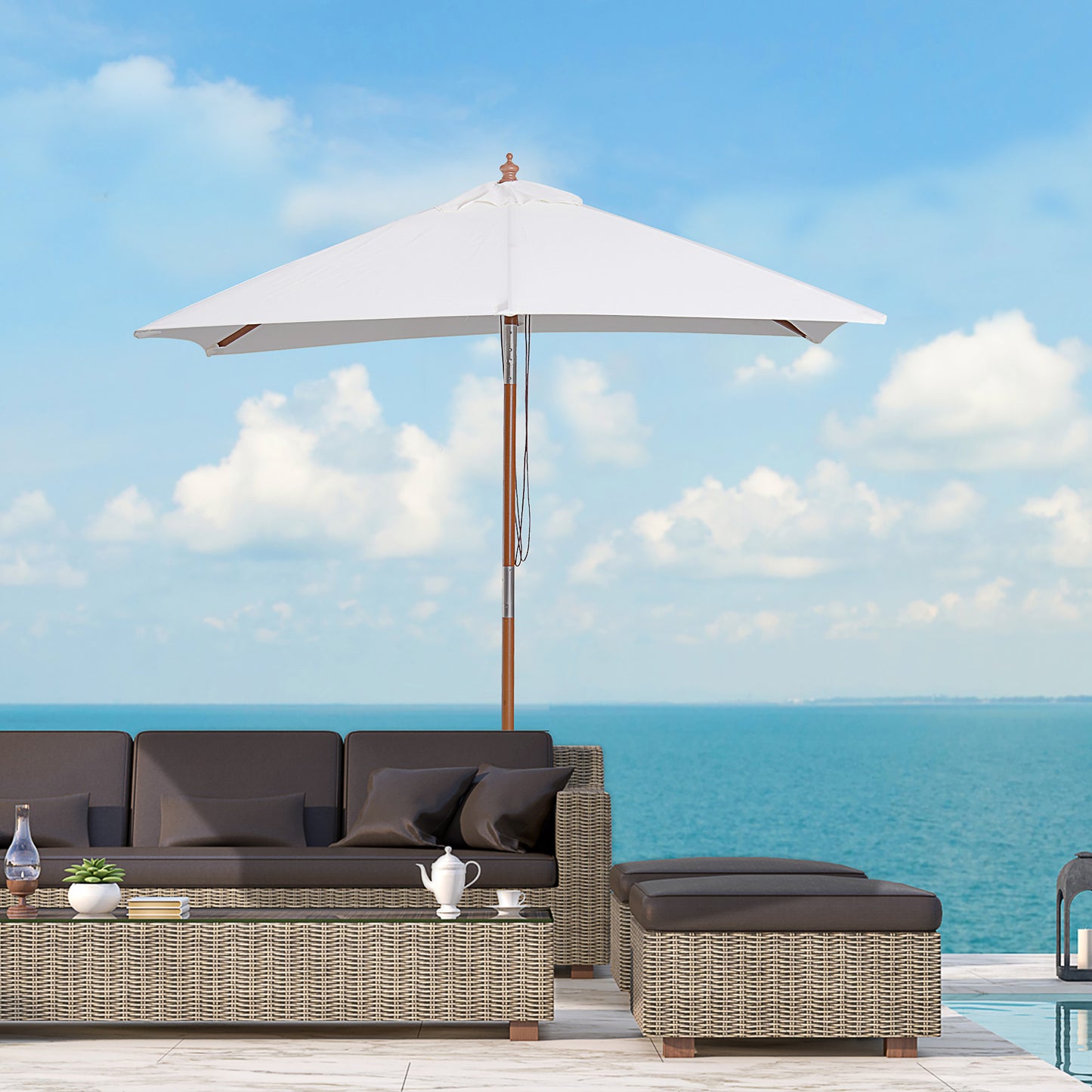 Outsunny 2m x 1.5m Garden Parasol Umbrella with Tilting Sunshade Canopy, Outdoor Market Table Umbrella with Wood and Bamboo Frame, Cream White