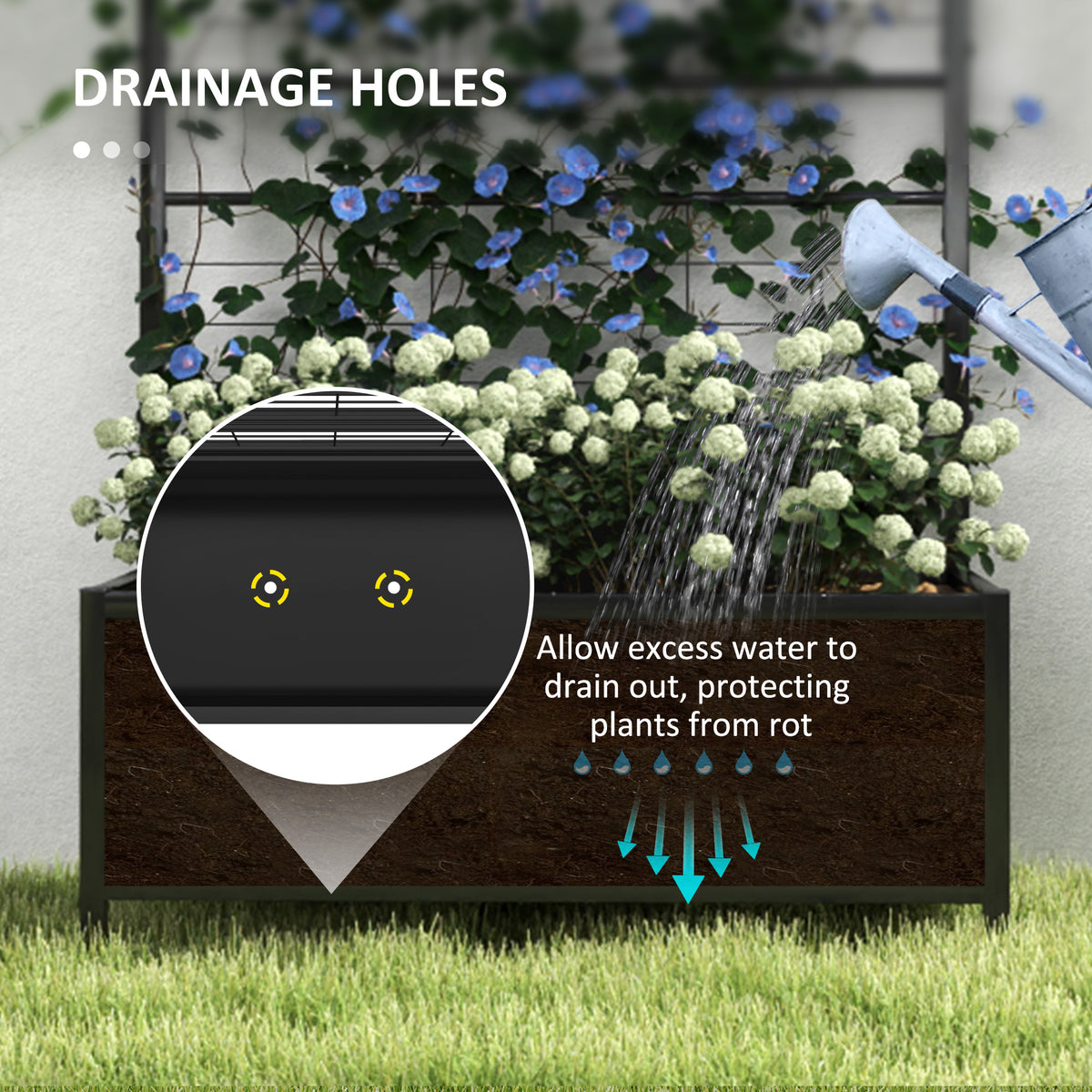 Raised garden bed with drainage holes beneath the planted soil
