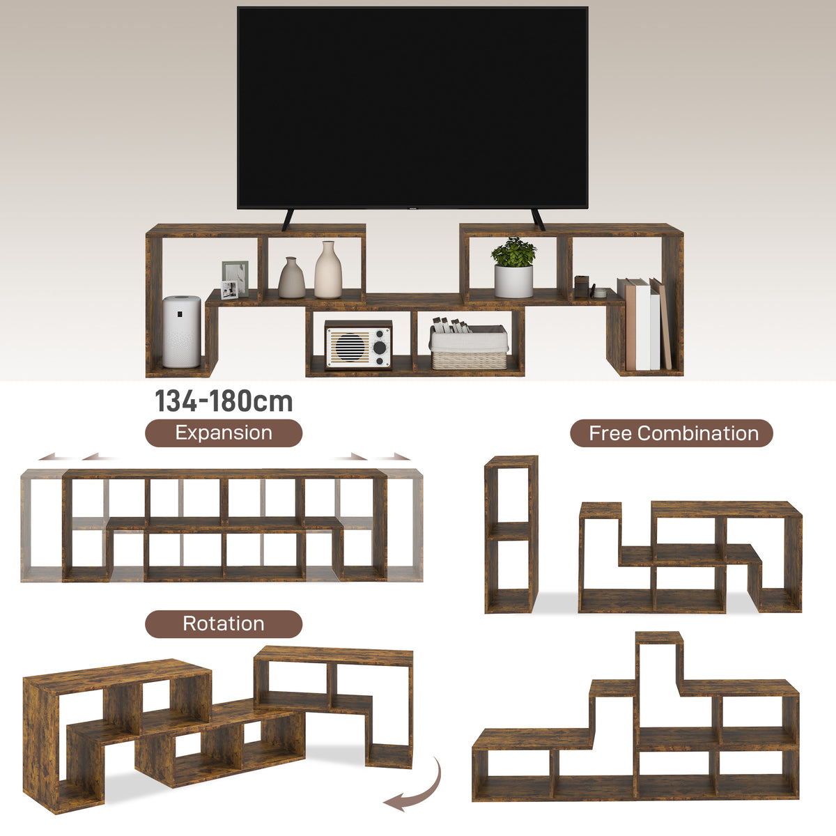 HOMCOM rustic brown TV stand shown in expandable, rotated, and free-combination layouts.