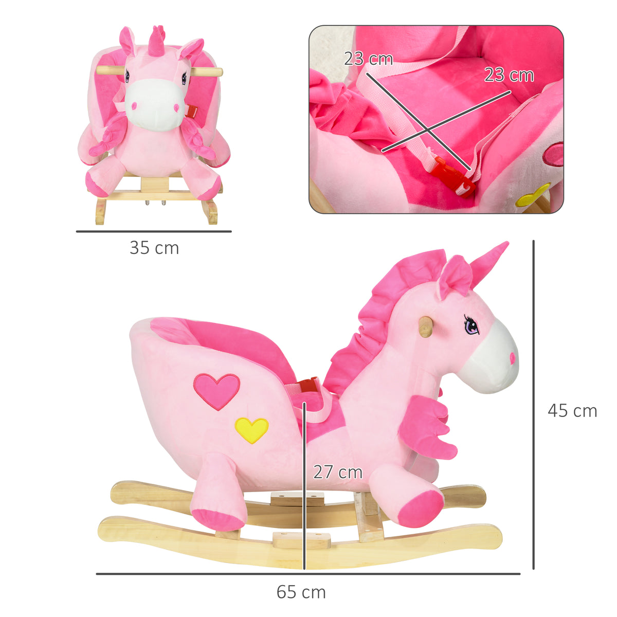 Unicorn rocking toy shown from front and side, with seat belt and size measurements