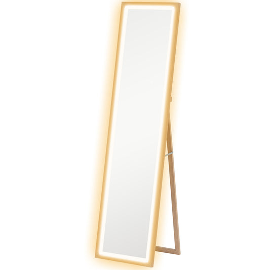 Photo of HOMCOM Full Length Mirror, with Adjustable Outer Light, Oak in Oak colour on a white background